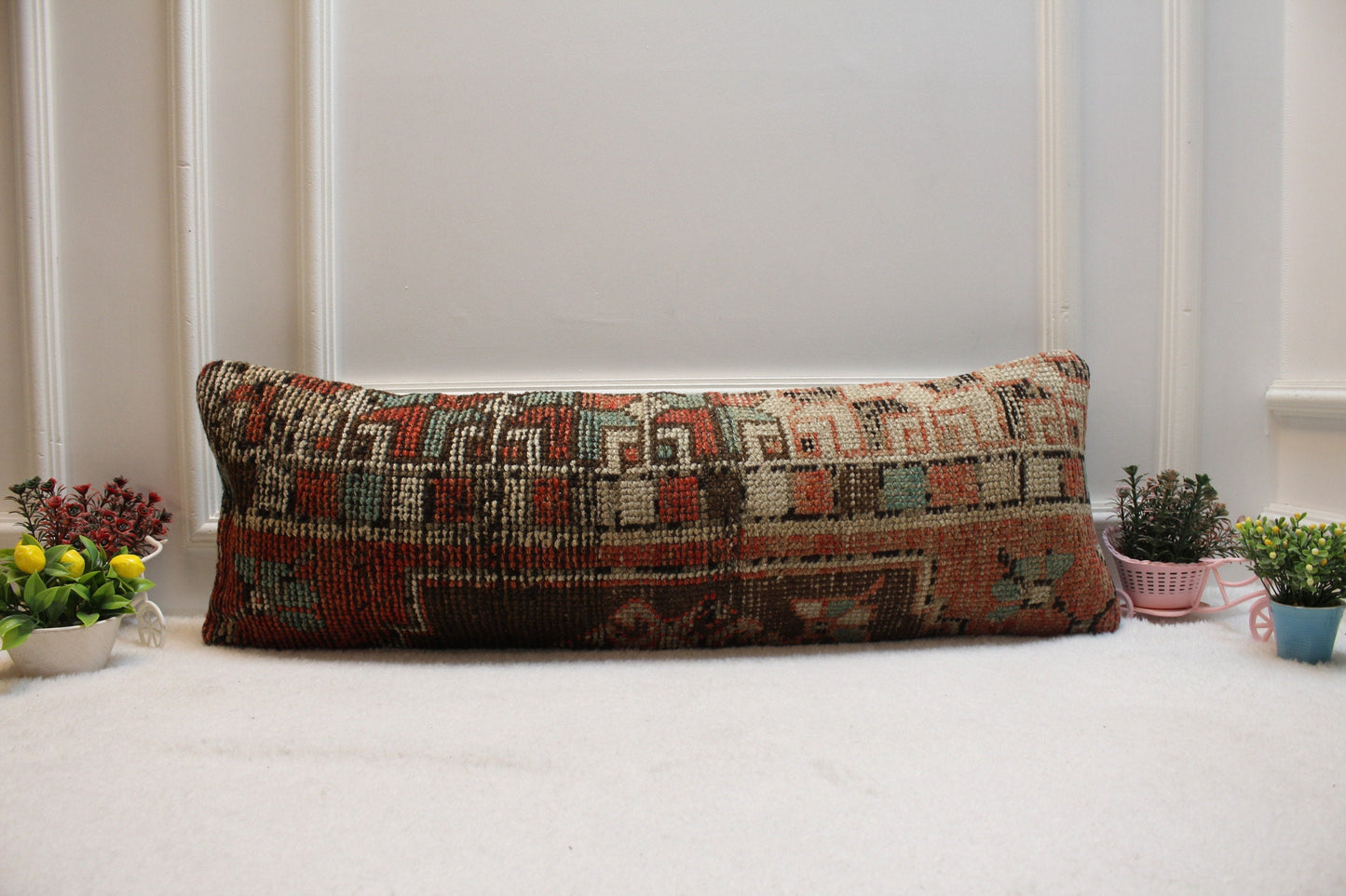 Red Turkish Rug Pillow Cover: Vintage Boho Lumbar Pillow (12x36 in)
