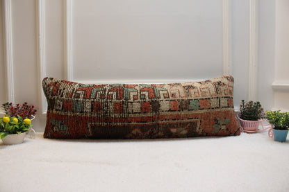 Red Turkish Rug Pillow Cover: Vintage Boho Lumbar Pillow (12x36 in)