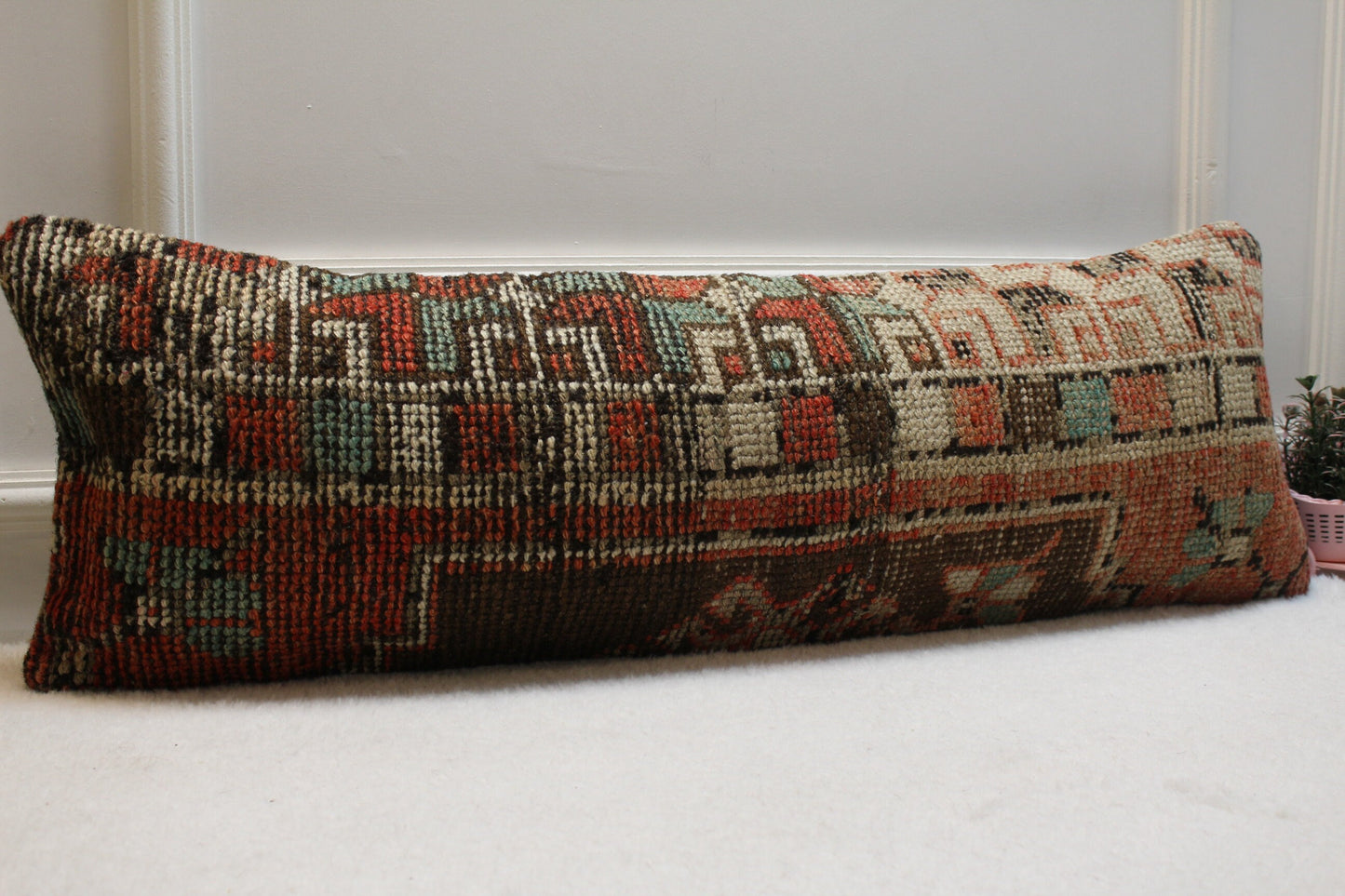 Red Turkish Rug Pillow Cover: Vintage Boho Lumbar Pillow (12x36 in)