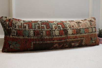Red Turkish Rug Pillow Cover: Vintage Boho Lumbar Pillow (12x36 in)