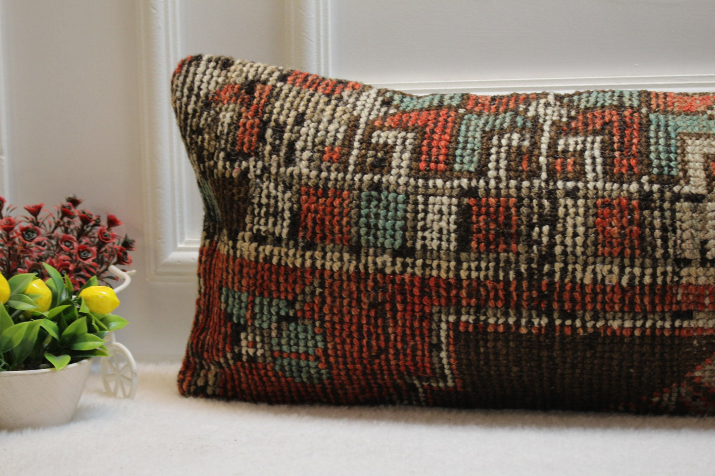 Red Turkish Rug Pillow Cover: Vintage Boho Lumbar Pillow (12x36 in)