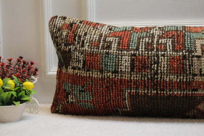 Red Turkish Rug Pillow Cover: Vintage Boho Lumbar Pillow (12x36 in)