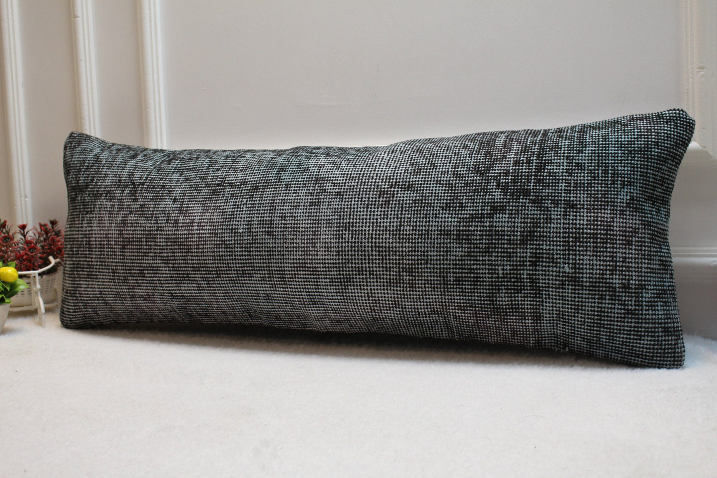 Handmade Wool Lumbar Pillow Cover: Upcycled Anatolian Rug, 12x36 inch