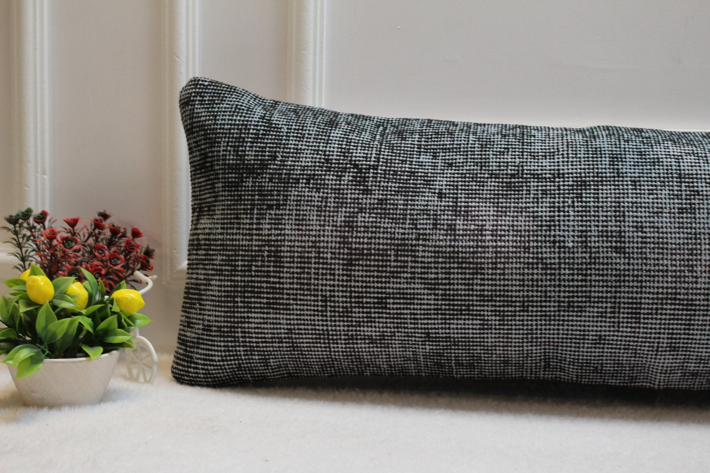 Handmade Wool Lumbar Pillow Cover: Upcycled Anatolian Rug, 12x36 inch