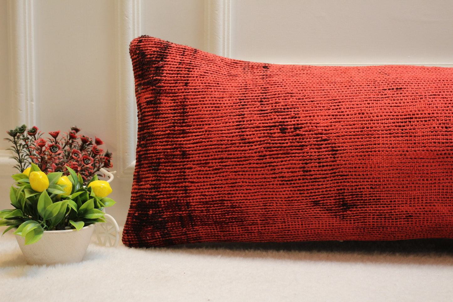 Handmade Red Turkish Rug Lumbar Pillow Cover: Vintage Woven Kilim, 12x36 in