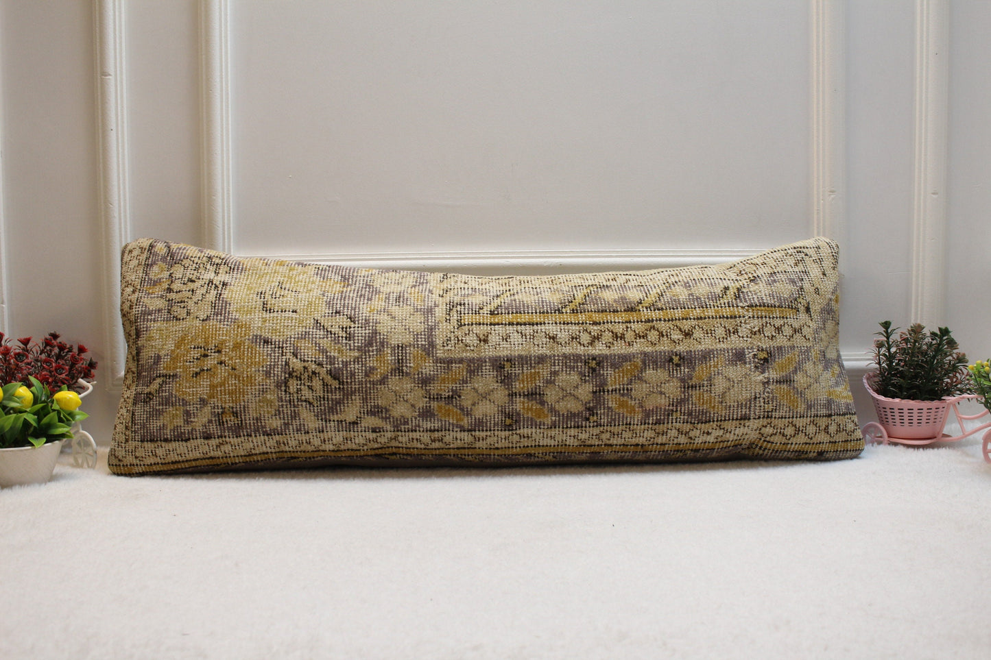 Beige Vintage Turkish Rug Pillow: 12x36 Boho Lumbar Pillow Cover