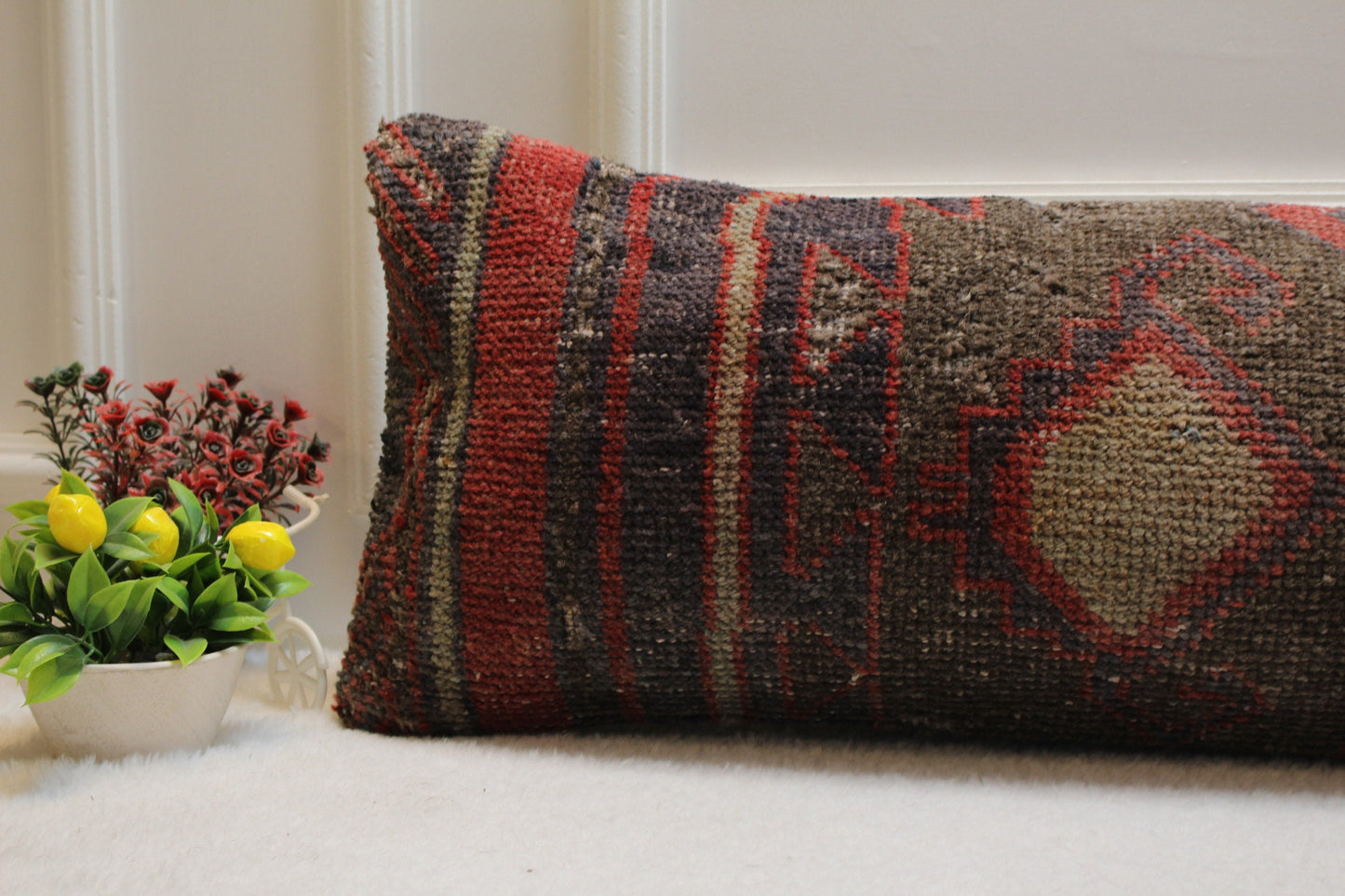 Handmade Lumbar Kilim Pillow Cover: Organic Wool Boho Rug Pillow (12x36 in)