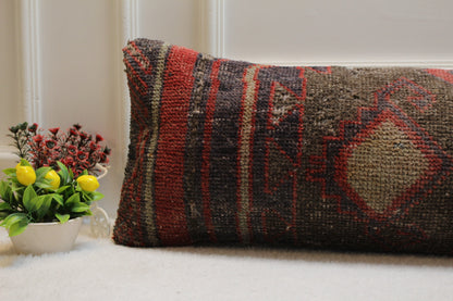 Handmade Lumbar Kilim Pillow Cover: Organic Wool Boho Rug Pillow (12x36 in)
