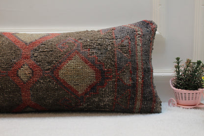 Handmade Lumbar Kilim Pillow Cover: Organic Wool Boho Rug Pillow (12x36 in)