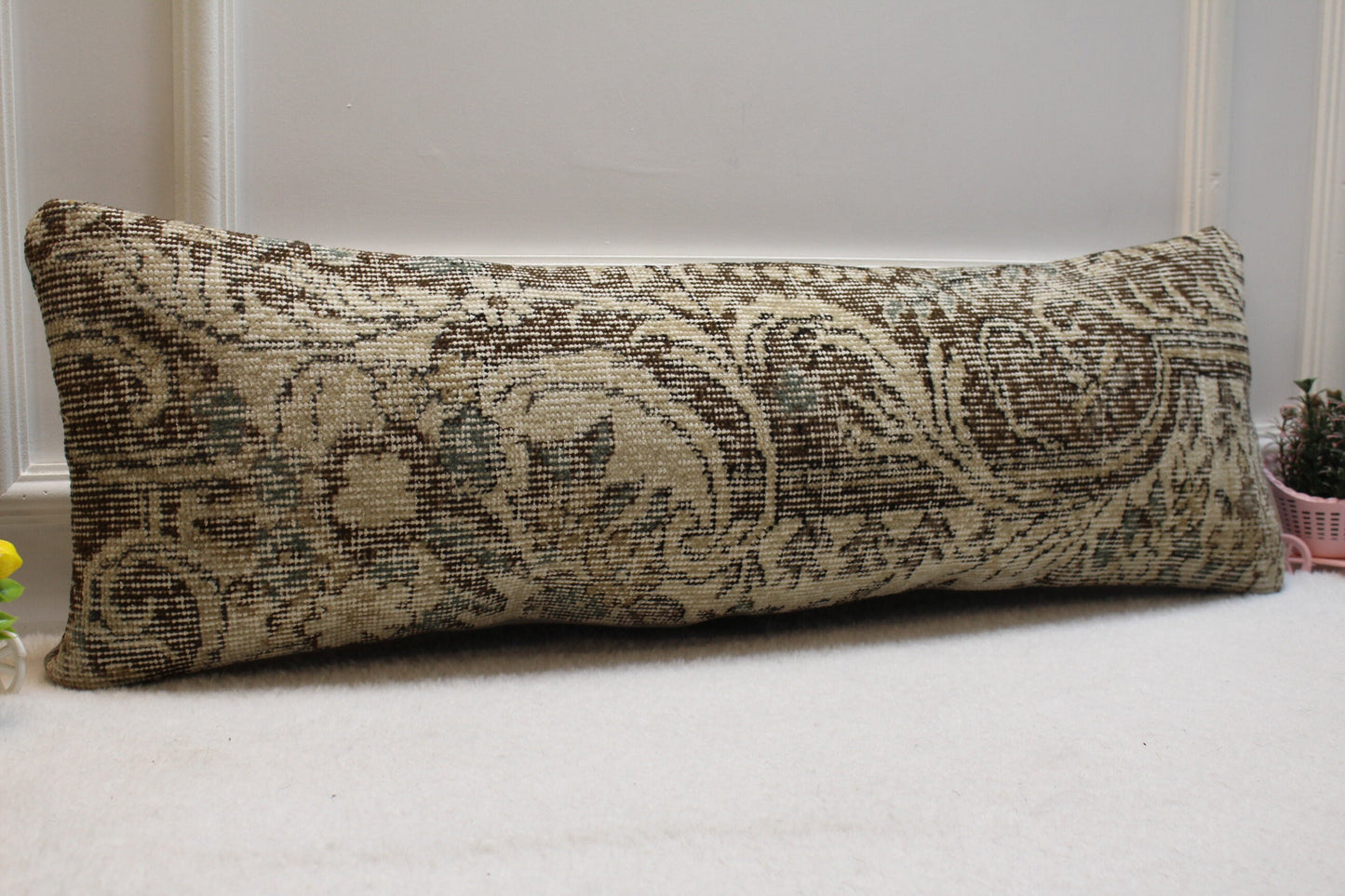 Handmade Turkish Lumbar Pillow Cover: Brown Beige Wool Rug, Boho Decor (12x36 in)