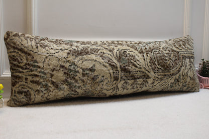 Handmade Turkish Lumbar Pillow Cover: Brown Beige Wool Rug, Boho Decor (12x36 in)