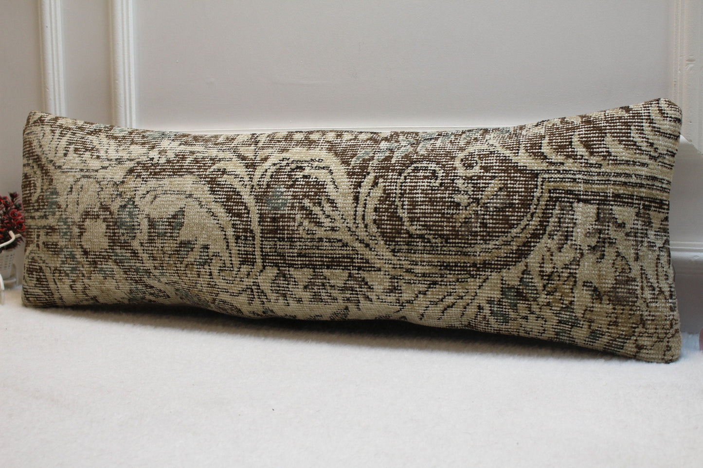 Handmade Turkish Lumbar Pillow Cover: Brown Beige Wool Rug, Boho Decor (12x36 in)