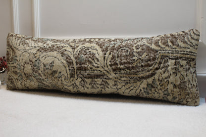 Handmade Turkish Lumbar Pillow Cover: Brown Beige Wool Rug, Boho Decor (12x36 in)