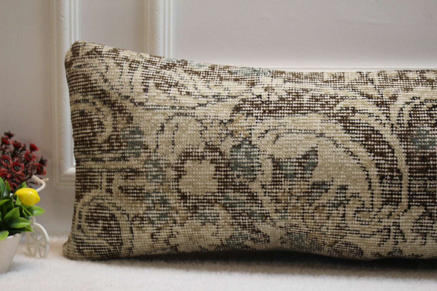 Handmade Turkish Lumbar Pillow Cover: Brown Beige Wool Rug, Boho Decor (12x36 in)