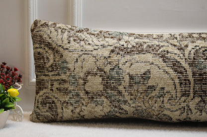 Handmade Turkish Lumbar Pillow Cover: Brown Beige Wool Rug, Boho Decor (12x36 in)