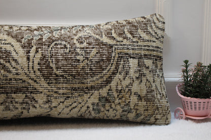 Handmade Turkish Lumbar Pillow Cover: Brown Beige Wool Rug, Boho Decor (12x36 in)