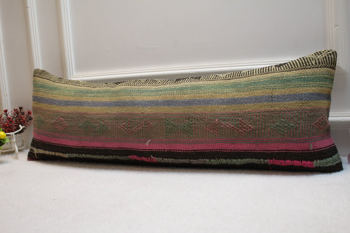 Striped Kilim Pillow Cover: Organic Wool Lumbar Pillow (12x36 in)