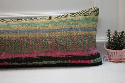 Striped Kilim Pillow Cover: Organic Wool Lumbar Pillow (12x36 in)