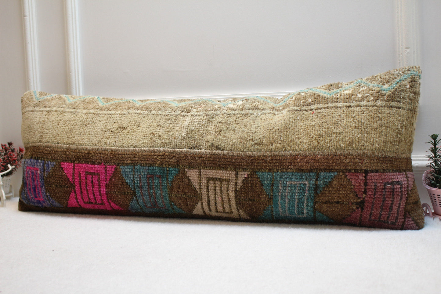 Handmade Kilim Pillow Cover: Upcycled Woven Rug, Boho Decor (12x36 in)