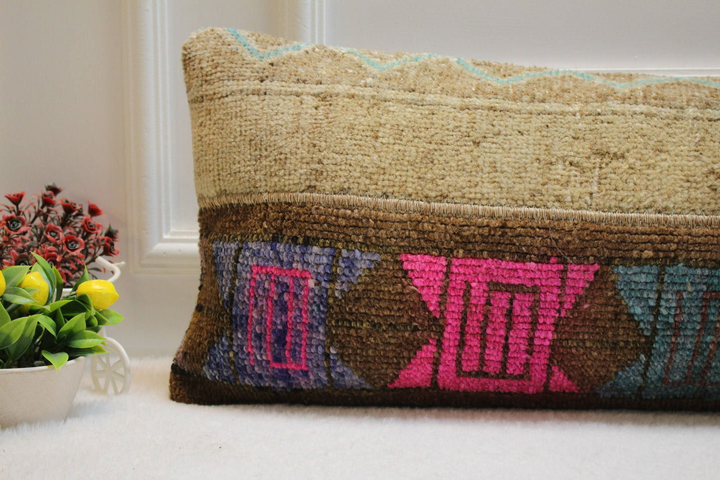 Handmade Kilim Pillow Cover: Upcycled Woven Rug, Boho Decor (12x36 in)