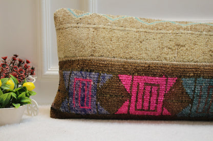 Handmade Kilim Pillow Cover: Upcycled Woven Rug, Boho Decor (12x36 in)