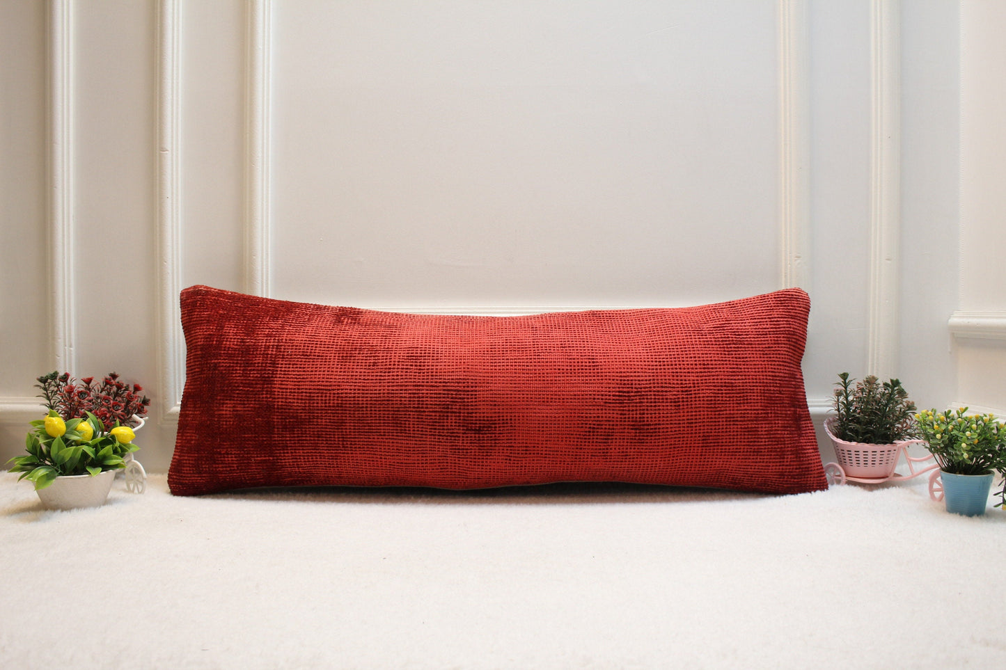 Red Turkish Kilim Pillow Cover: Vintage Handmade Lumbar Cushion (12x36in)