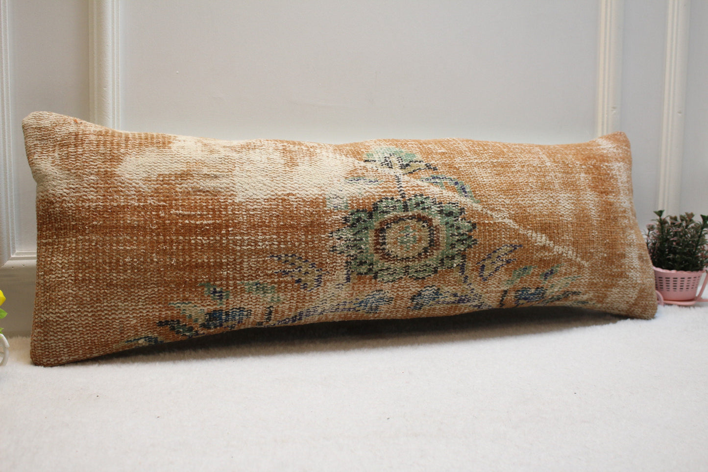 Handmade Wool Lumbar Pillow Cover: Orange Green Anatolian Rug (12x36 in)