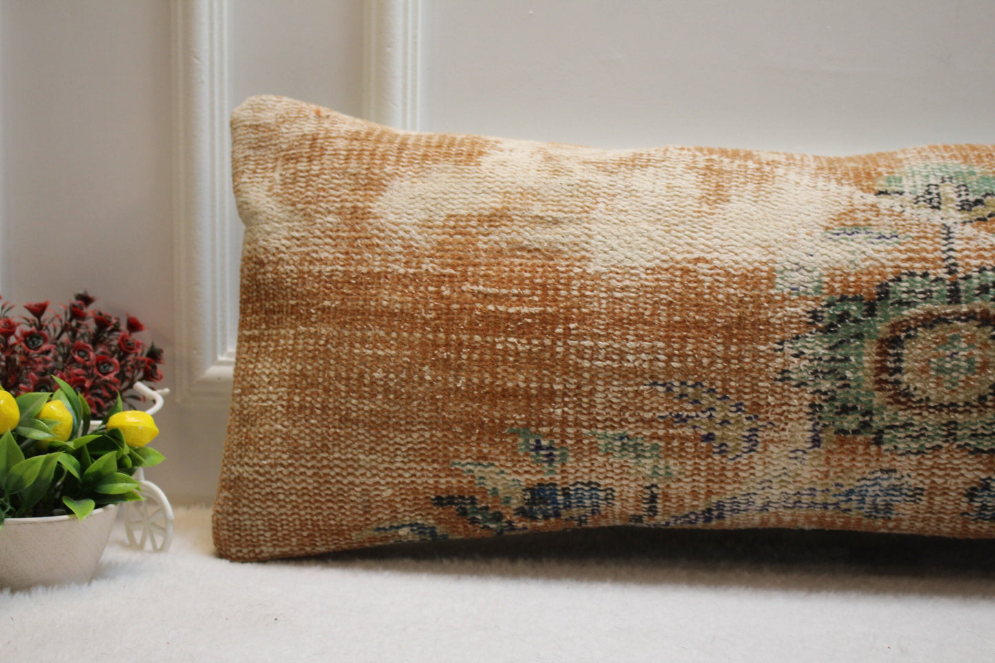 Handmade Wool Lumbar Pillow Cover: Orange Green Anatolian Rug (12x36 in)