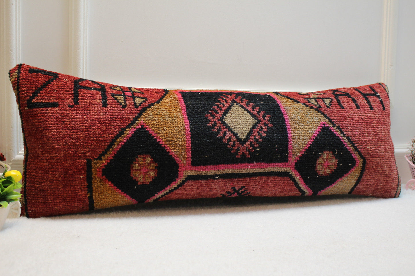 Handmade Kilim Lumbar Pillow Cover: Organic Wool Boho Rug Pillow (12x36 in)