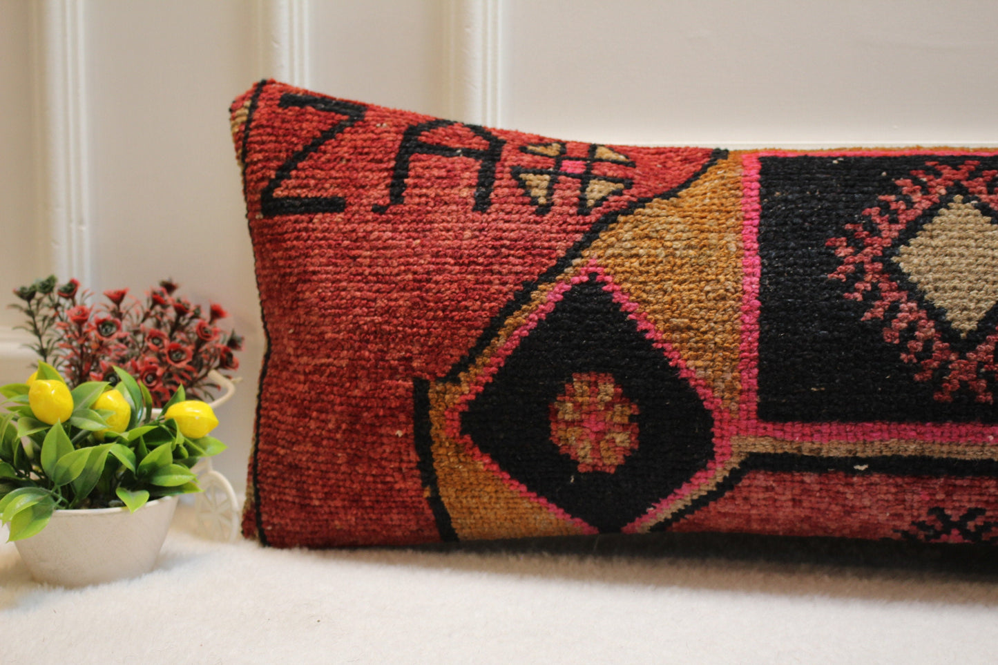 Handmade Kilim Lumbar Pillow Cover: Organic Wool Boho Rug Pillow (12x36 in)