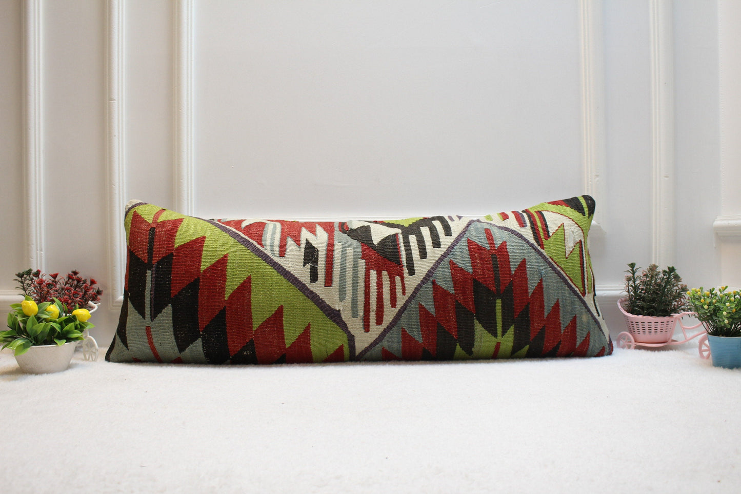 Geometric Kilim Lumbar Pillow Cover: Organic Wool, 12x36 inch