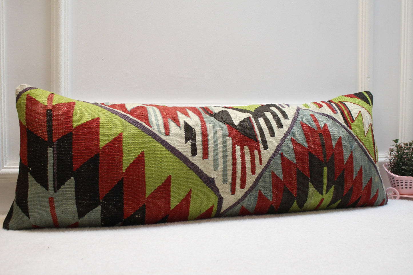 Geometric Kilim Lumbar Pillow Cover: Organic Wool, 12x36 inch