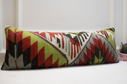 Geometric Kilim Lumbar Pillow Cover: Organic Wool, 12x36 inch