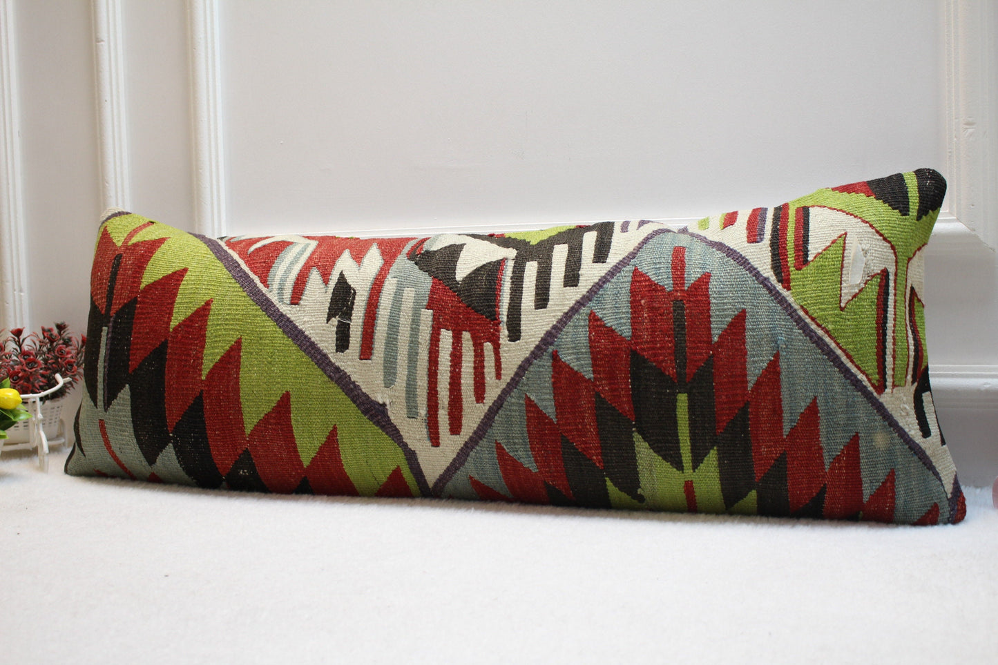 Geometric Kilim Lumbar Pillow Cover: Organic Wool, 12x36 inch
