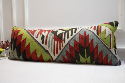Geometric Kilim Lumbar Pillow Cover: Organic Wool, 12x36 inch