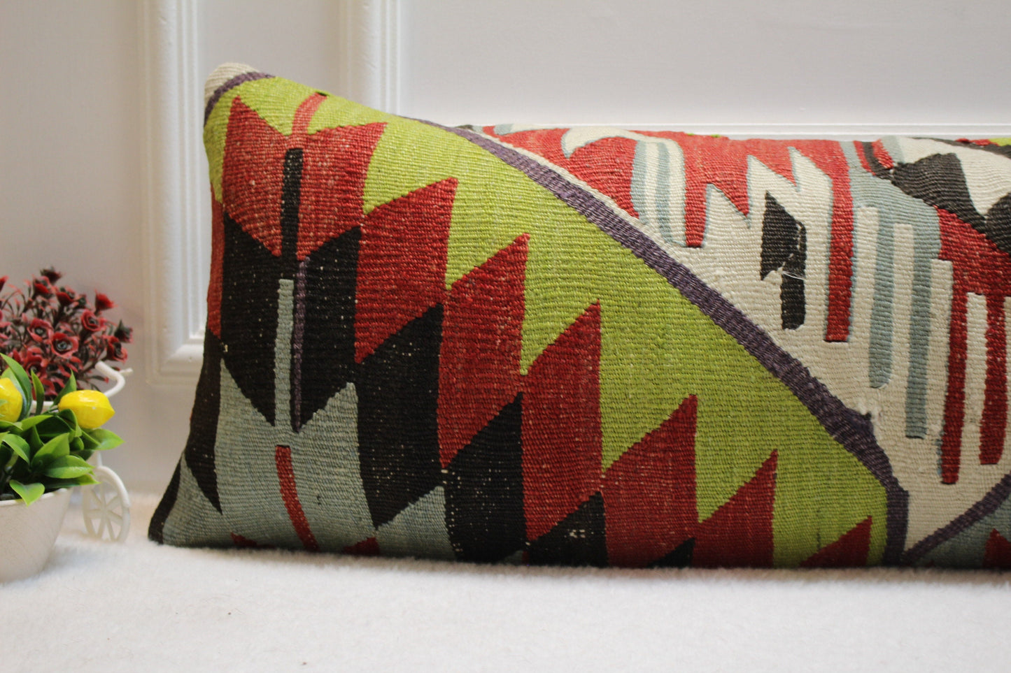 Geometric Kilim Lumbar Pillow Cover: Organic Wool, 12x36 inch