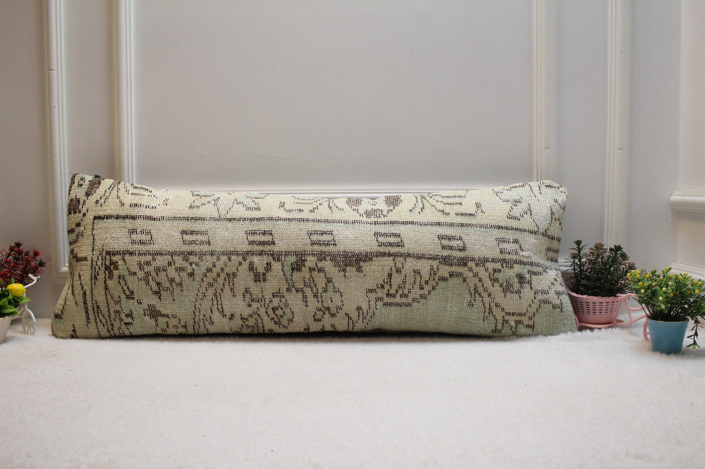 Vintage Turkish Rug Pillow Cover: Green Boho Lumbar Pillow (12x36 in)