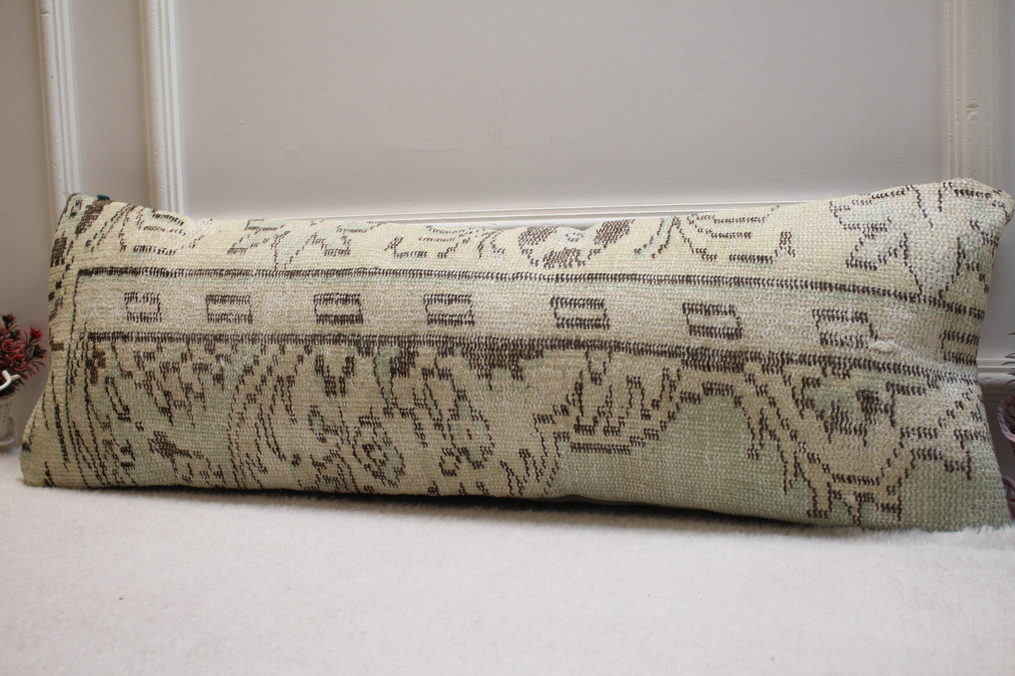 Vintage Turkish Rug Pillow Cover: Green Boho Lumbar Pillow (12x36 in)