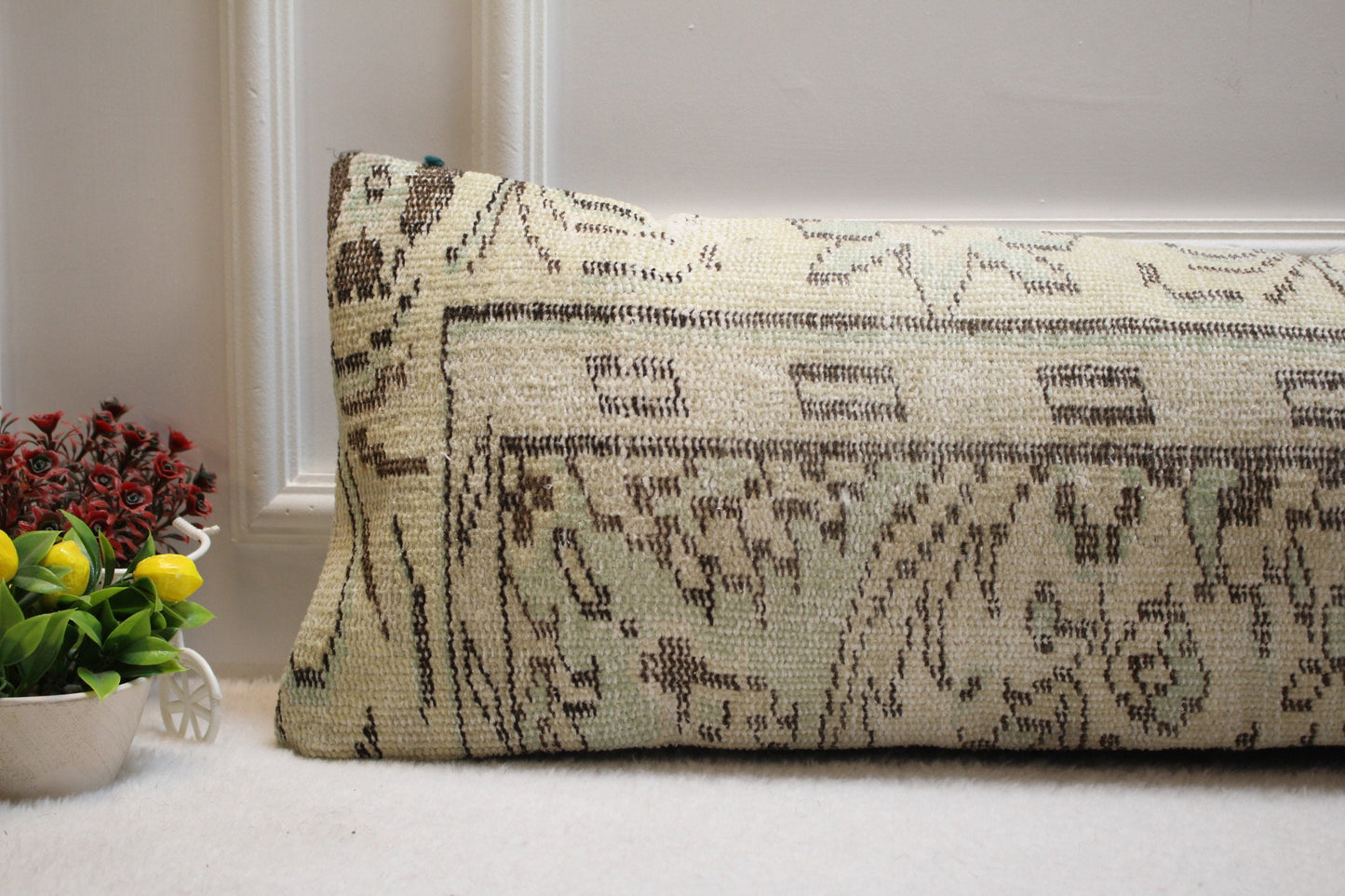 Vintage Turkish Rug Pillow Cover: Green Boho Lumbar Pillow (12x36 in)