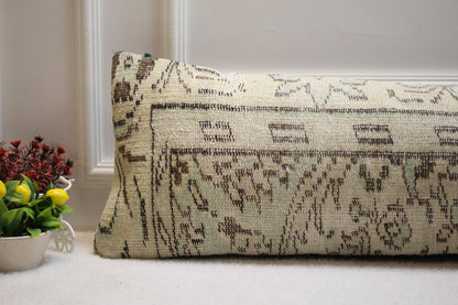 Vintage Turkish Rug Pillow Cover: Green Boho Lumbar Pillow (12x36 in)