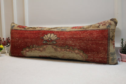 Handmade Turkish Rug Lumbar Pillow Cover: Red Wool, 12x36 inch