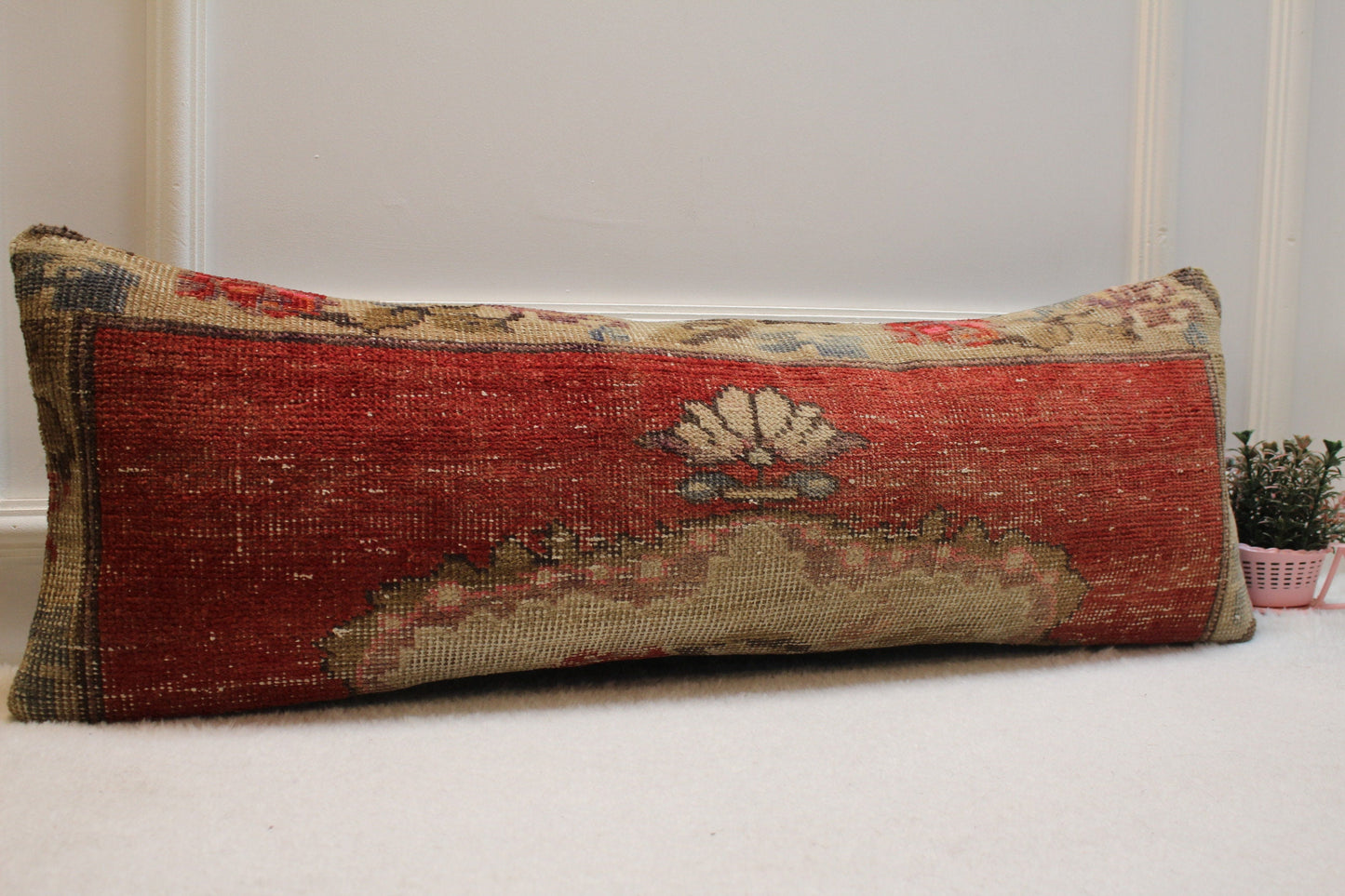 Handmade Turkish Rug Lumbar Pillow Cover: Red Wool, 12x36 inch