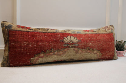 Handmade Turkish Rug Lumbar Pillow Cover: Red Wool, 12x36 inch