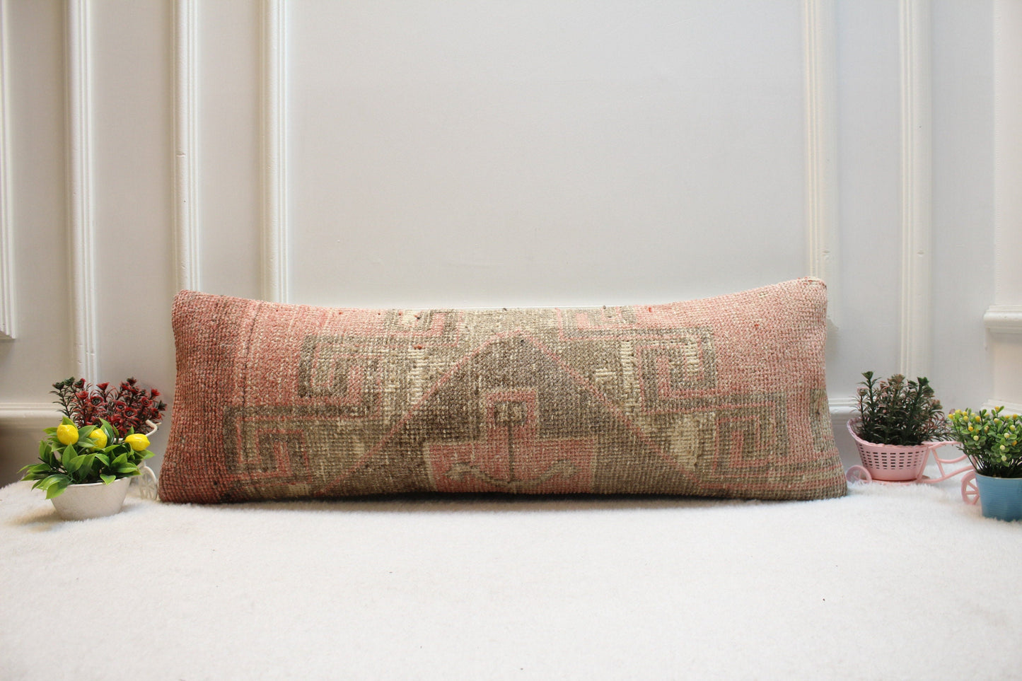 Handmade Wool Lumbar Pillow Cover: Boho Rug Design (12x36 in)