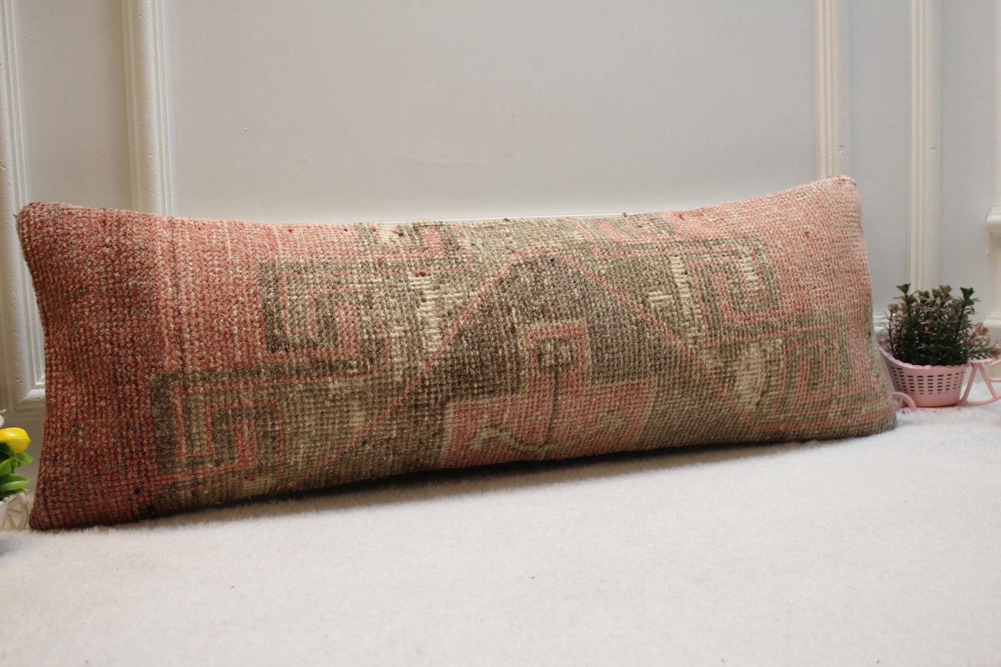 Handmade Wool Lumbar Pillow Cover: Boho Rug Design (12x36 in)