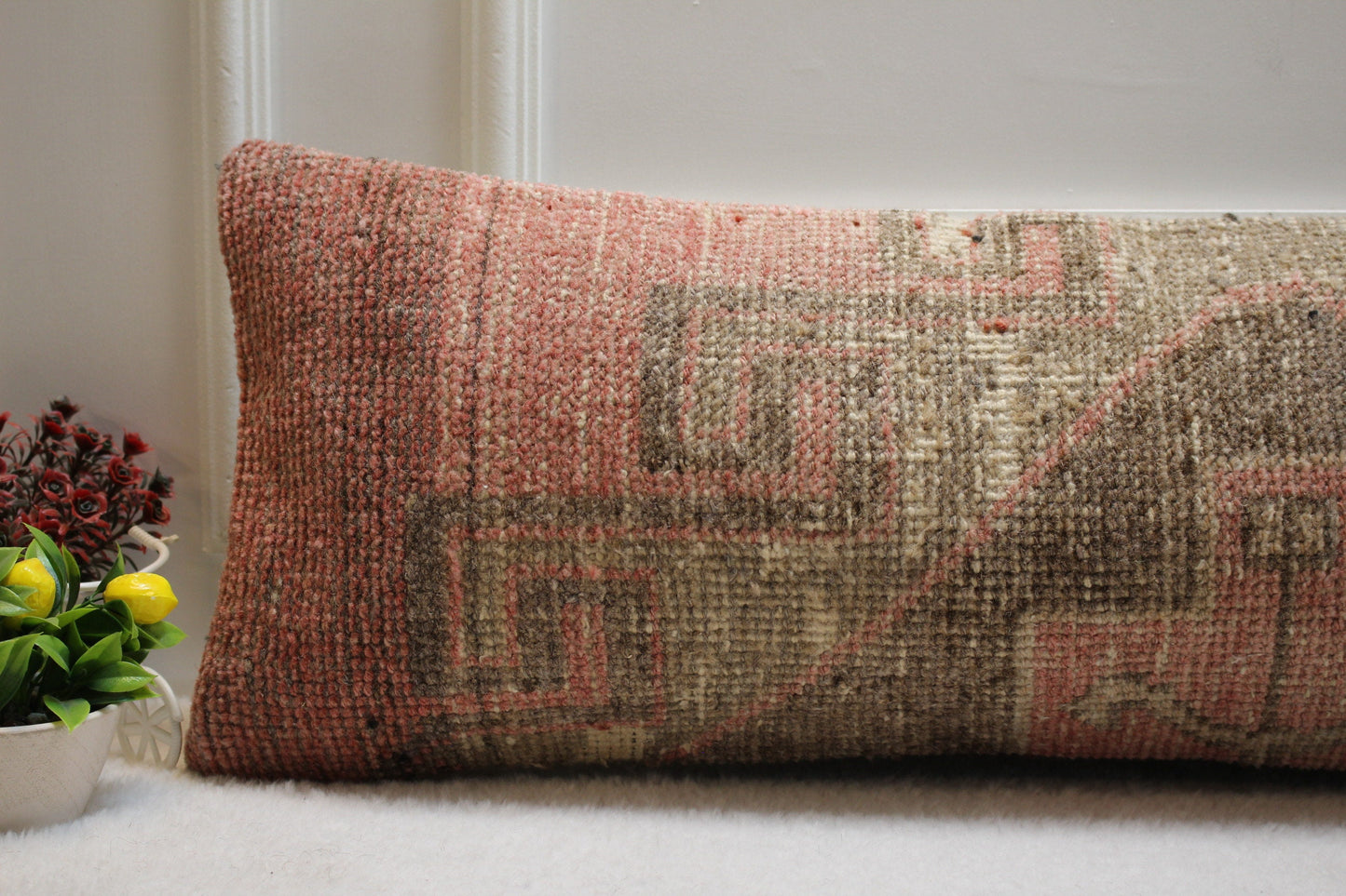 Handmade Wool Lumbar Pillow Cover: Boho Rug Design (12x36 in)