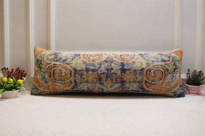 Handmade Kilim Lumbar Pillow Cover: Blue Orange Wool Rug Pillow (12x36 inc)