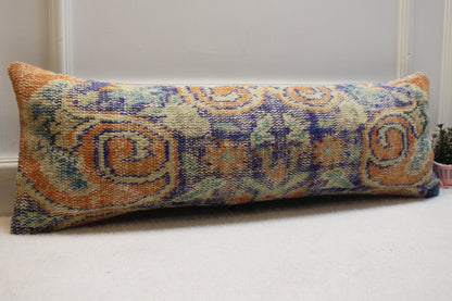 Handmade Kilim Lumbar Pillow Cover: Blue Orange Wool Rug Pillow (12x36 inc)