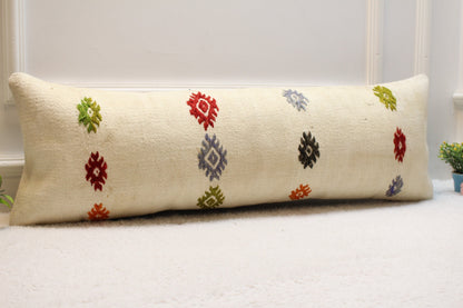 Handmade Kilim Lumbar Pillow Cover: Organic Wool, White Design (12x36 inc)