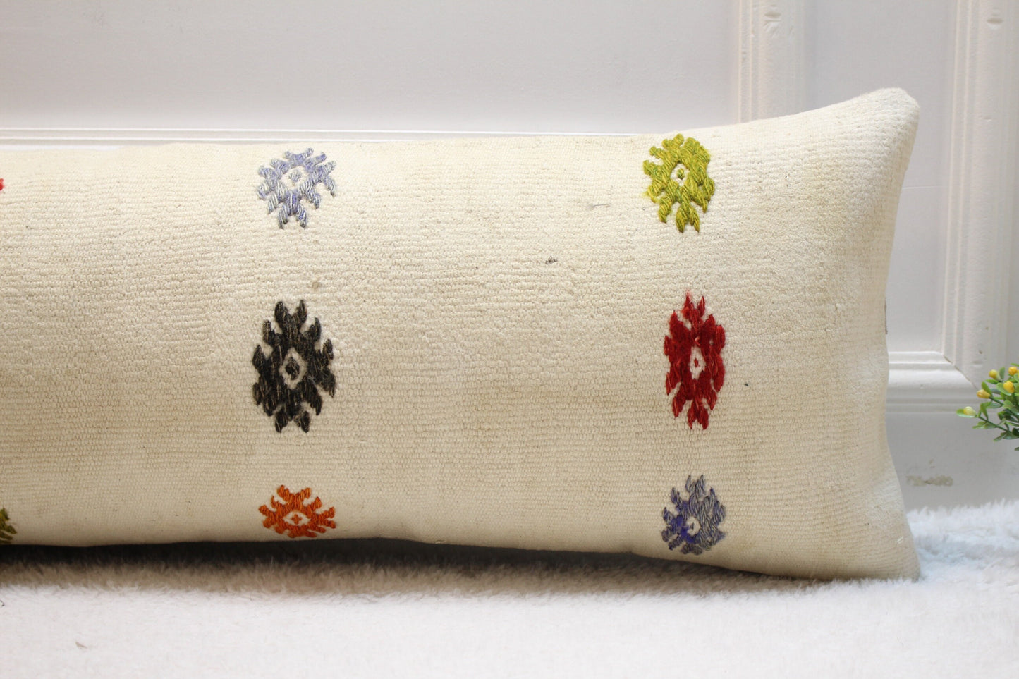 Handmade Kilim Lumbar Pillow Cover: Organic Wool, White Design (12x36 inc)
